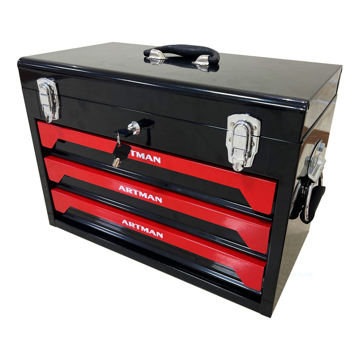 Portable 3 Drawer Steel Toolbox, 4 Layers Of Tools With Metal Latches, With Storage Tray And Carrying Handle