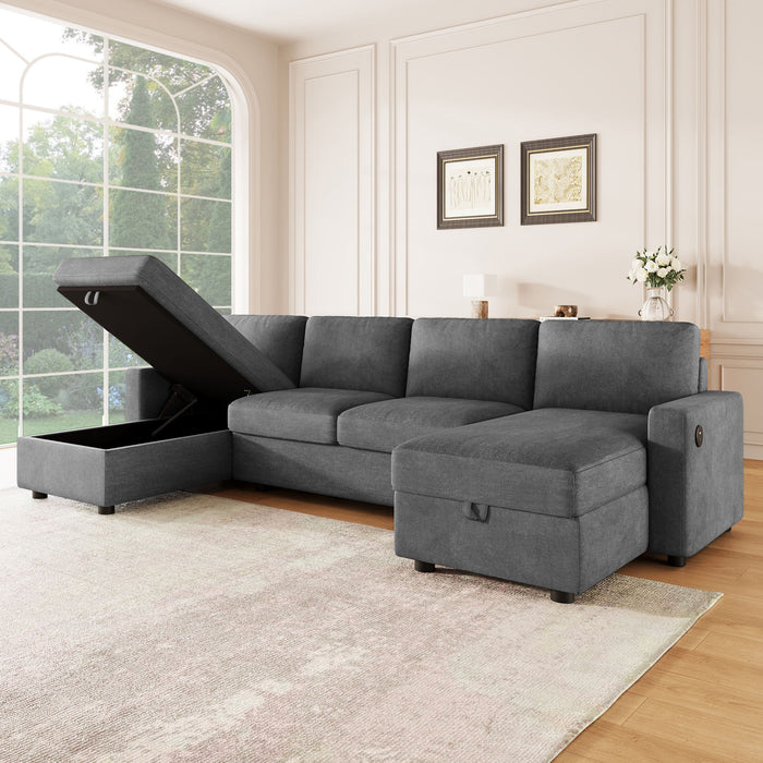 Convertible Sectional Sofa With Storage Chaise Lounges And USB Ports
