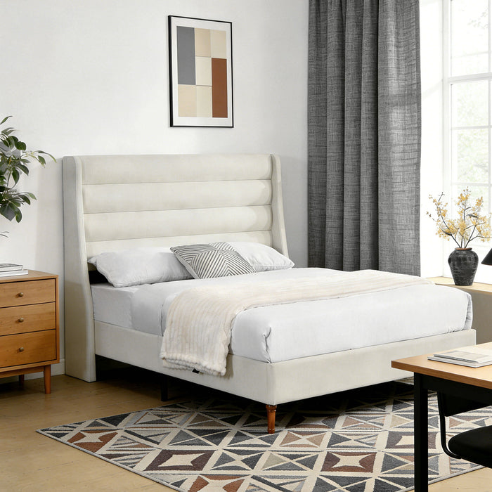 Modern Upholstered Platform Bed With Wave Shaped Headboard