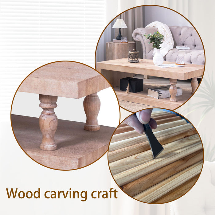 Rustic Solid Wood Coffee Table With Open Shelf, Modern Farmhouse Design - Light Natural / Natural