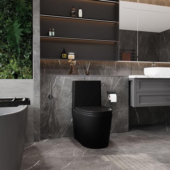 1.1 / 1.60 Gpf Dual Flush 1 Piece Toilet, Water Saving Elongated Comfort Height Floor Mounted, Soft Close Seat, 1000 Gram Map Flushing Score Toilet - Matte Black