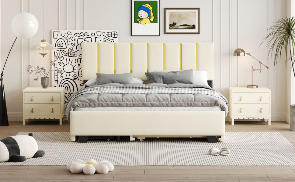 Upholstered Platform Bed With 2 Drawers And 1 Trundle, Classic Strip Headboard Design