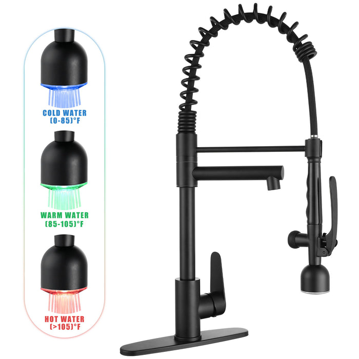 Kitchen Sink Faucet With LED Pull Down Sprayer, Single Handle High Arc Faucet, Dual Spouts, Deck Mount - Matte Black
