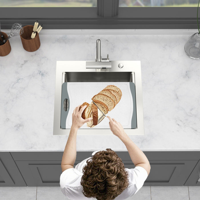 21" Drop In Kitchen Sink With Pull Out Faucet And Sink Cover, 16 Gauge - Brushed Nickel