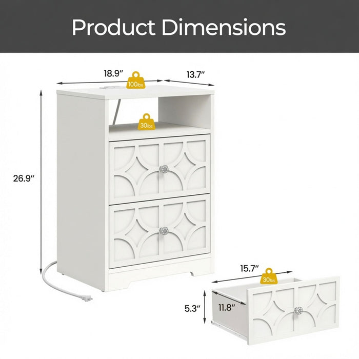 Nightstand With Diamond Carvings Handles, 2 Drawers & Charging Station