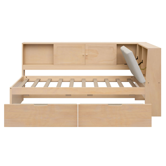 Twin L - Shaped Daybed With Storage Bookcase, Upholstered Headboard, USB Charging Ports & Hidden Drawers - Natural
