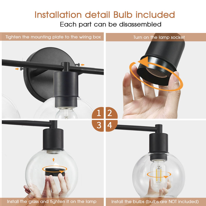 3 Light Globe Bathroom Vanity Light With Clear Glass Shades - Black