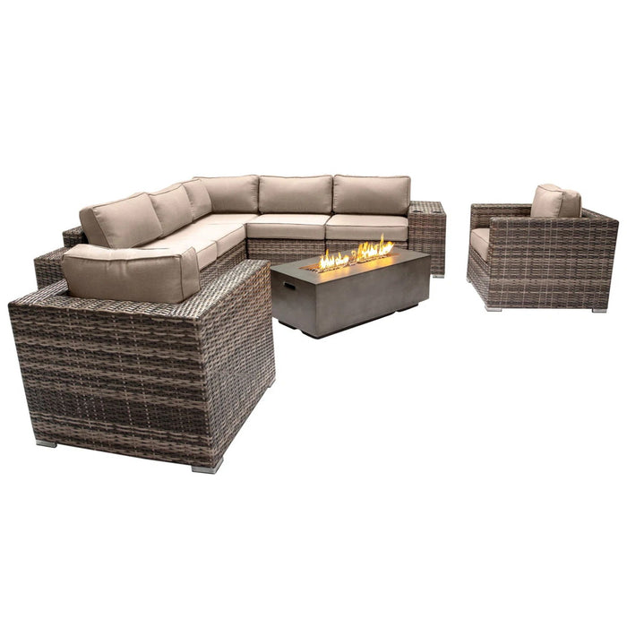 Rattan Wicker Patio Set With Cushions And Concrete Fire Pit