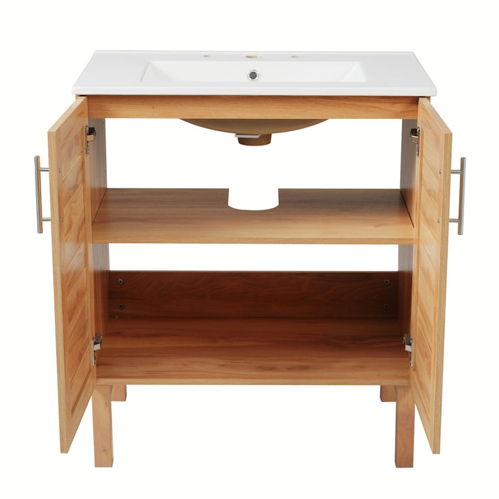 Bathroom Vanity With Ceramic Sink, Freestanding Cabinet - Antique Natural / Brown