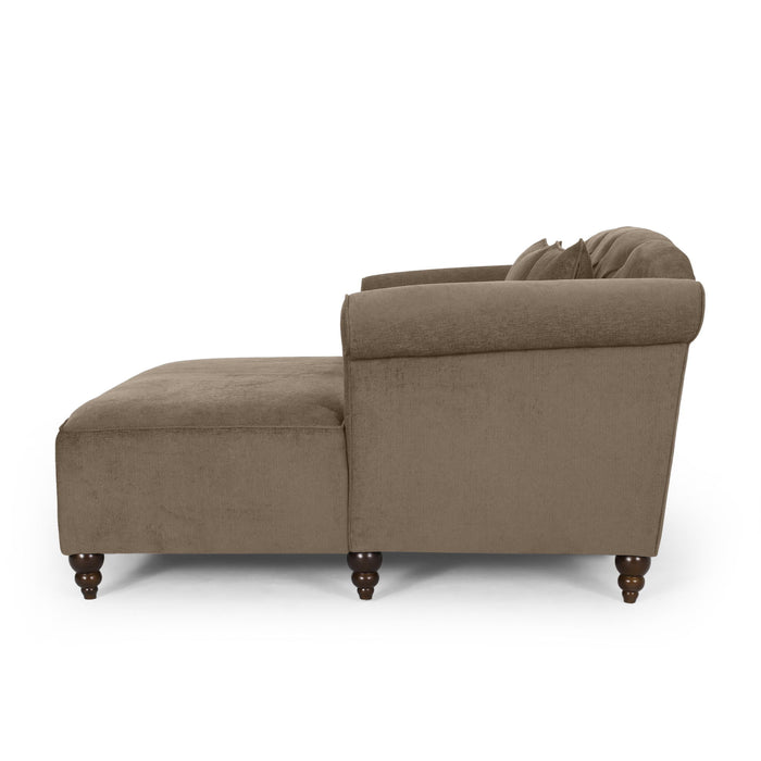 Upholstered Chaise Lounge With Scroll Arms, Turned Legs And 2 Pillows