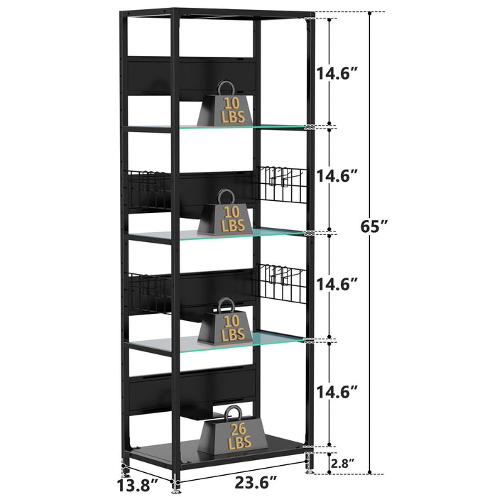 4 Tier Display Shelf With RGB Lights, LED Lighted Curio Cabinet With Adjustable Storage Box & Hooks - Black