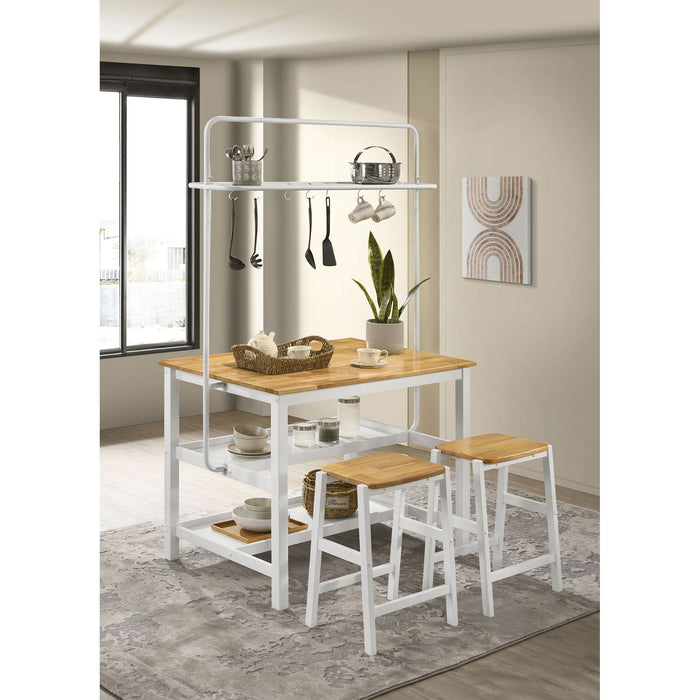 Prager - 3 Piece Kitchen Island Counter Table Set With Overhead Rack And Backless Stools - White