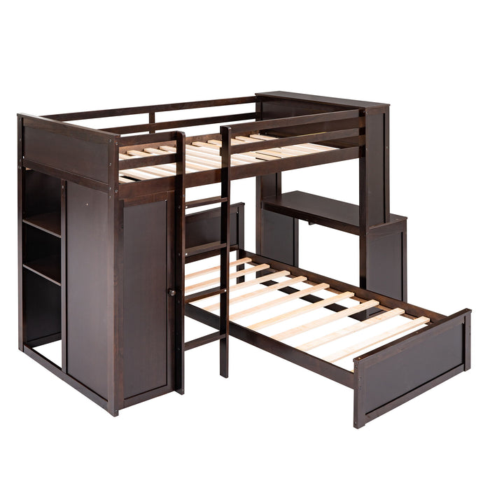 Loft Bed With A Stand Alone Bed, Shelves, Desk, And Wardrobe