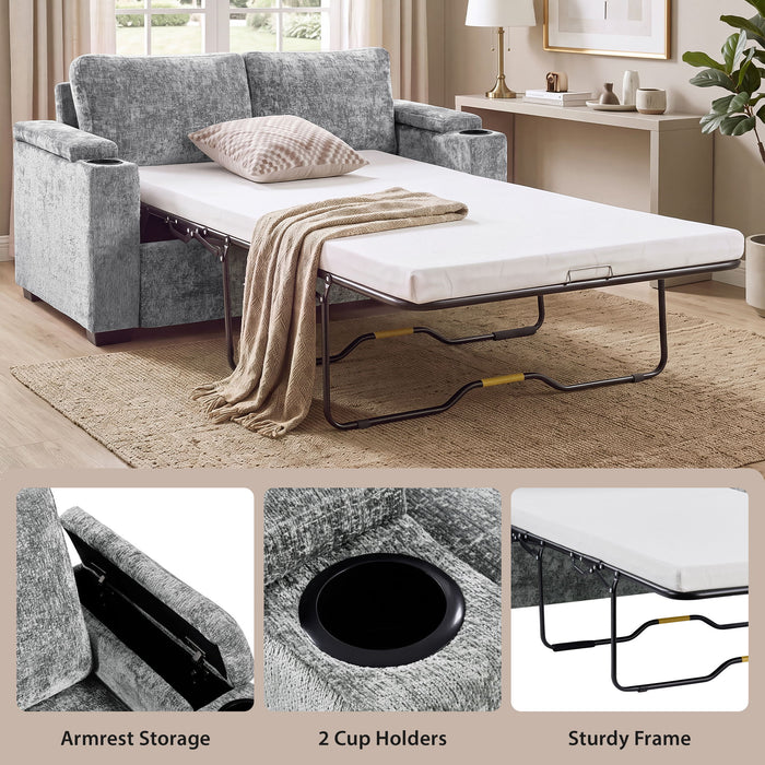 Pull Out Sofa Bed Loveseat With Twin Mattress, Cup Holders And Arm Storage