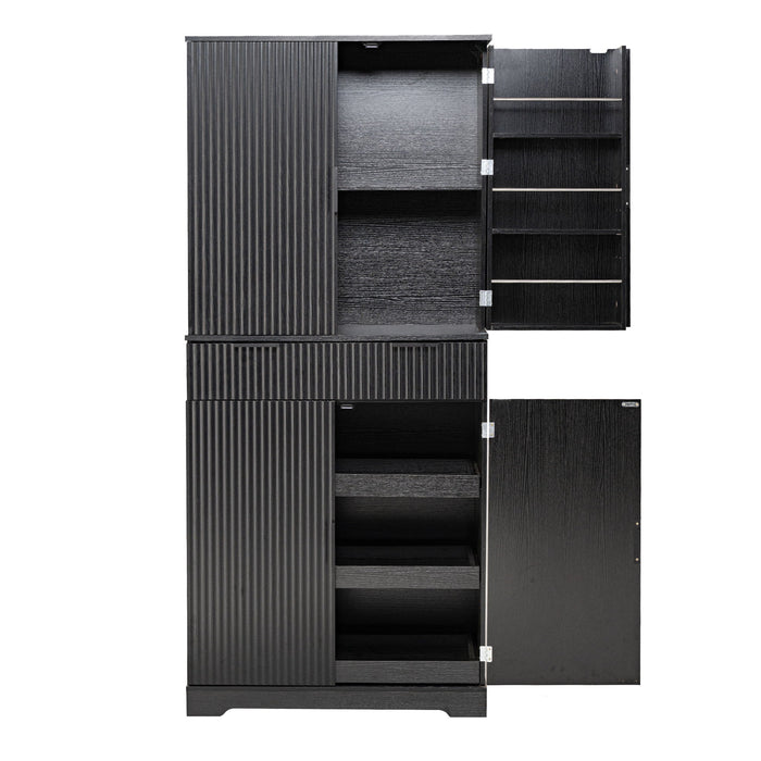 Fluted Kitchen Pantry Cabinet With 3 Keyboard Drawers & 6 Adjustable Door Shelves