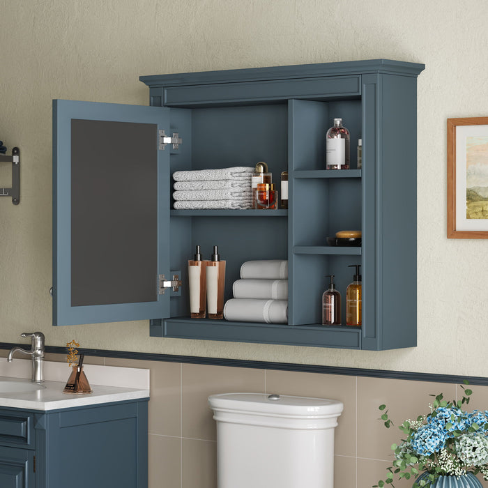 Wall-Mounted Medicine Cabinet With Mirror, Adjustable Shelves, Rectangular Design - Blue