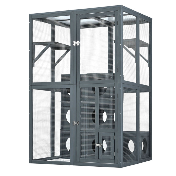 Outdoor Cat House With Shelves And Weather Protection, Removable Wood Boxes - Gray