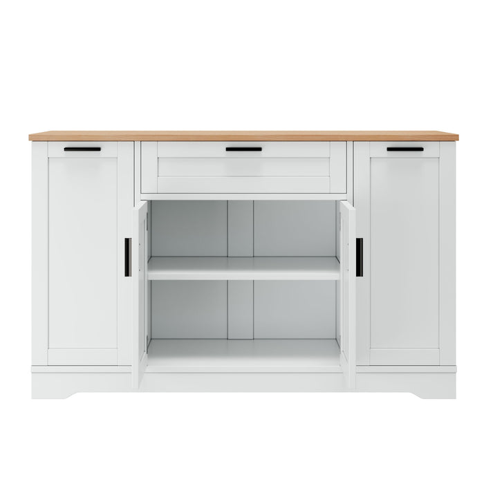 Sideboard With Extendable Table, Adjustable Shelves, 3 Tier Pull Out Rack - White