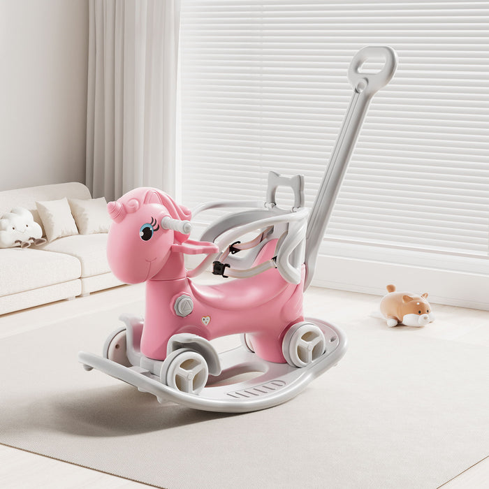 Unicorn Rocking Horse For Toddlers, Ride On Toy With Push Handle And Balance Board - Pink