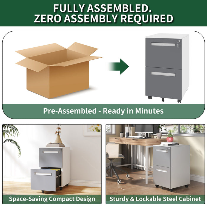 2-Drawer Mobile File Cabinet With Lock,On 360° Wheels, Holds A4/Letter/Legal Files - White