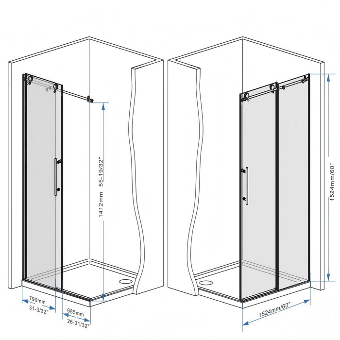 Frameless Shower Door, Smooth Sliding Tracks