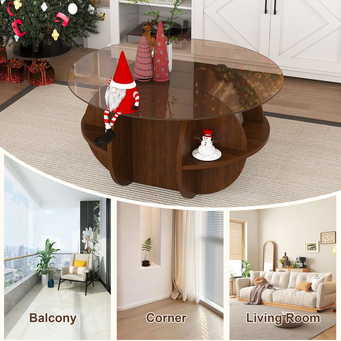 Round Coffee Table With Storage For Living Room - Walnut