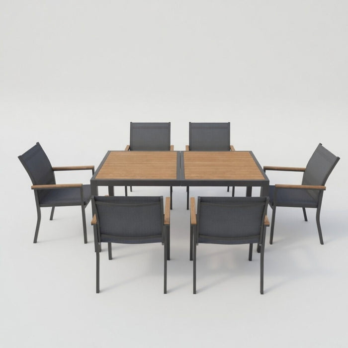 7 Piece Gray Aluminum Patio Dining Set With Textilene Chairs For Outdoor Living Frame With Accents, 59" Rectangle Table, All Weather Durable