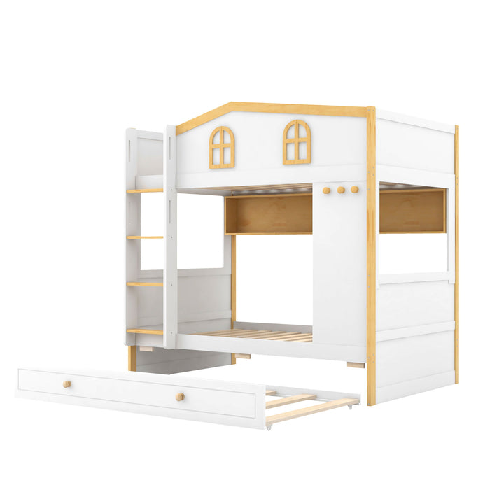 Bunk Bed With House Shaped Guardrails, Storage Shelves, And Trundle