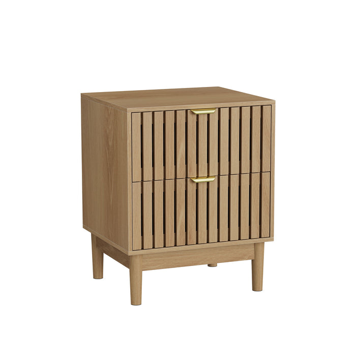 Bedside Table With Grille Design And 2 Drawers, Side Table For Bedroom - Oak