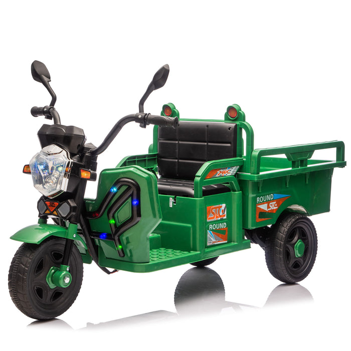 12V Kids Electric 3 Wheel Cargo Truck, 2Wd, Anti Slip Wheels, Large Storage, Extra Wide Seat With LED Lights & Music - Green