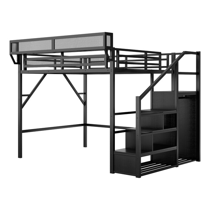 Queen Size Loft Bed With Stairs, Storage Shelves, Wardrobe - Black