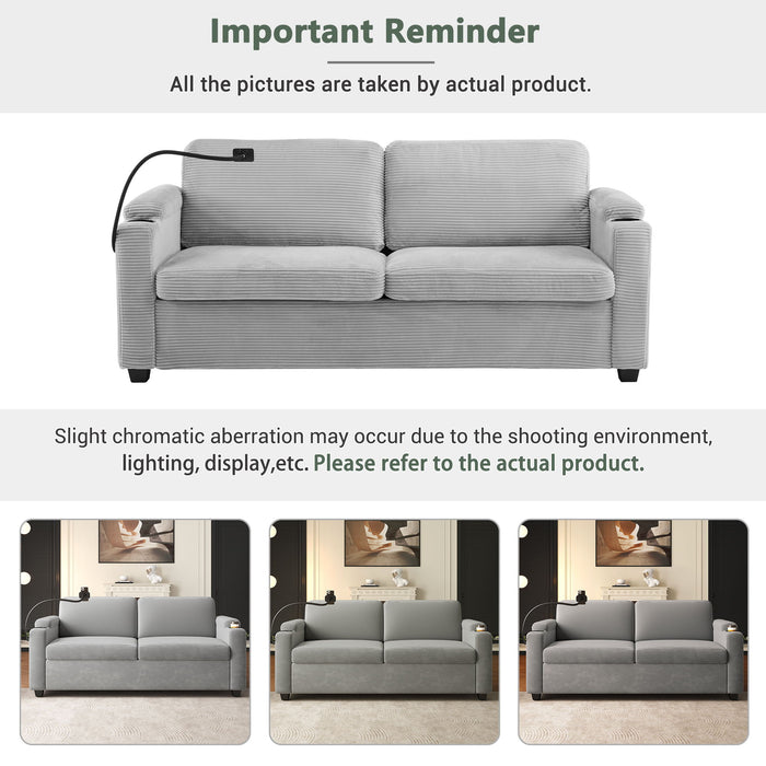 Corduroy Sleeper Sofa Loveseat Sofa With Full Size Mattress, 2 USB Ports, 2 Cup Holders, 2 Side Pockets And Phone Holder