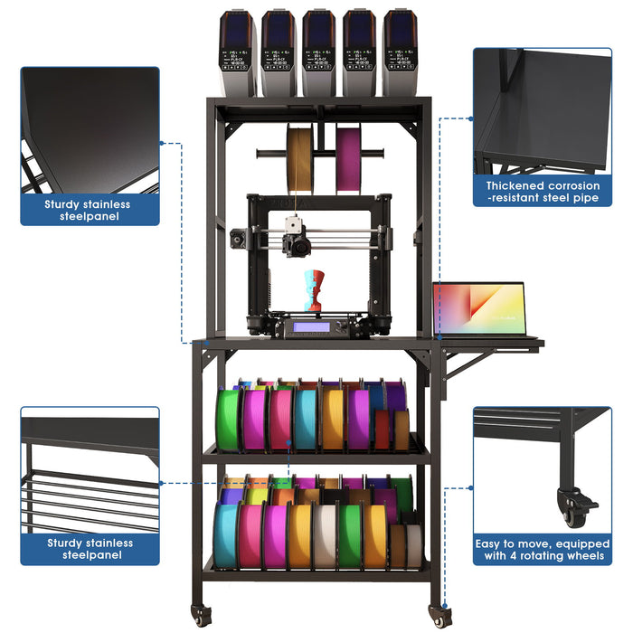 Heavy Duty 3D Printer Stand With Filament Storage Rack - Black