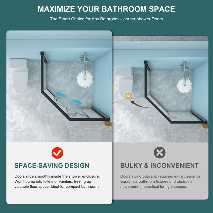 Diamond Shaped Corner Shower Door, Inward Sliding, Stainless Steel Frame