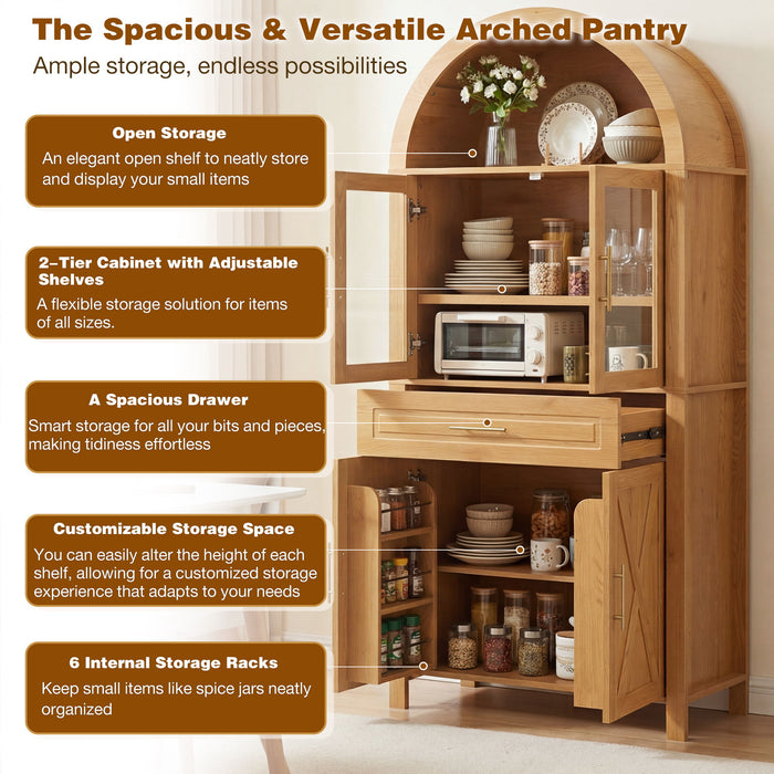 Arched Kitchen Pantry Cabinet With Adjustable Shelves And Barn Door Design