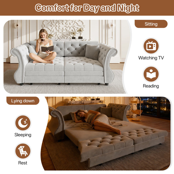 Oversized Chesterfield Pull Out Sofa Bed, Roll Arm Couch With Flower Tufting For Living Room