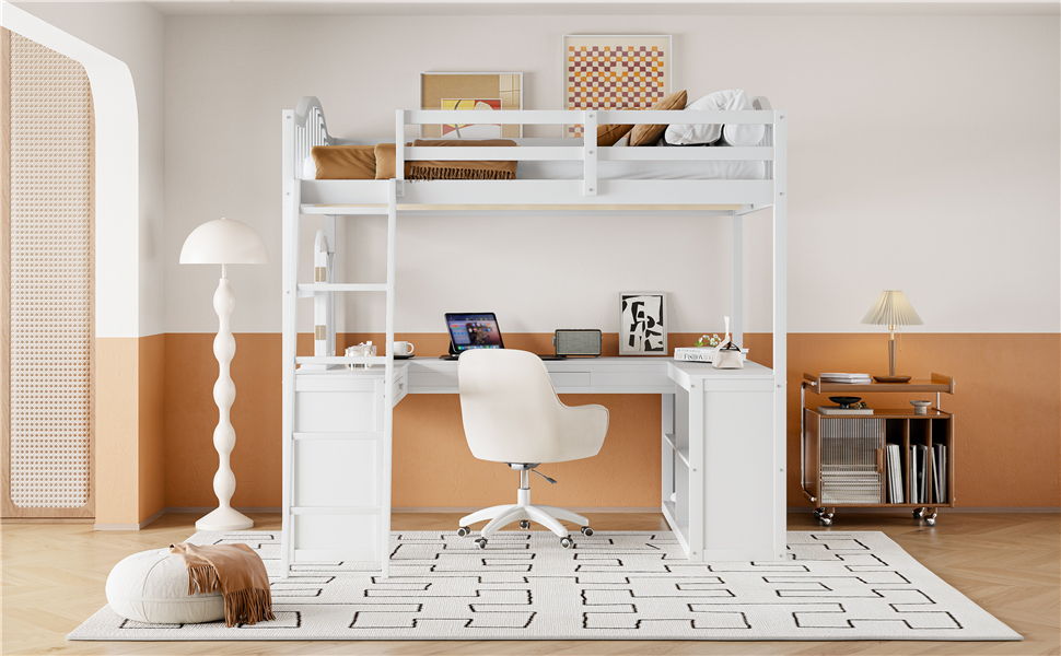 Loft Bed With Drawers, Cabinet, Shelves With Desk