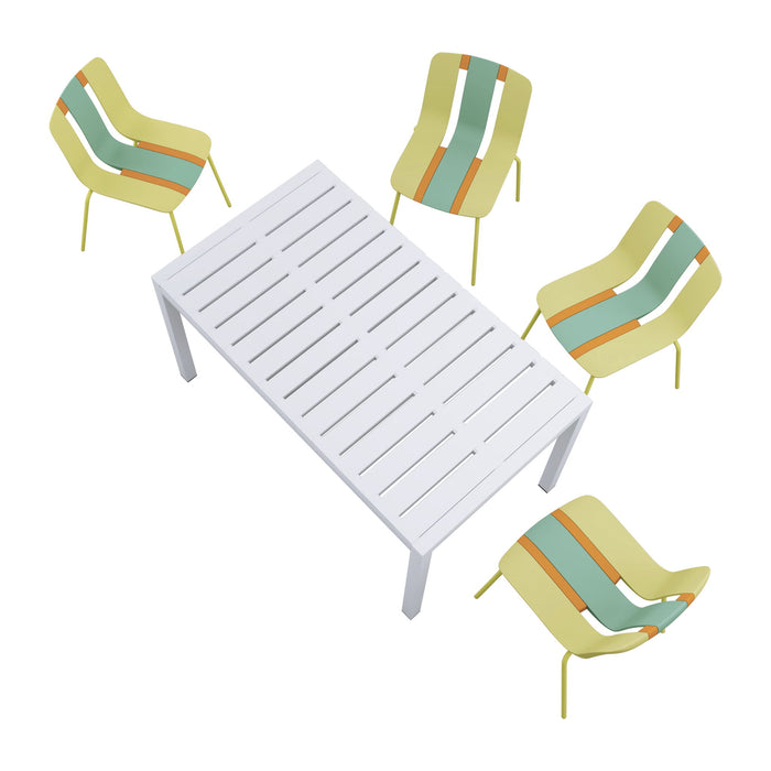 4 Piece Set Of Modern Striped Color- Blocking Single Chairs With Long Table