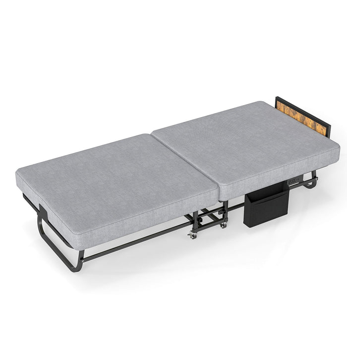 Twin Folding Bed With Headboard & USB Charging Station - Gray