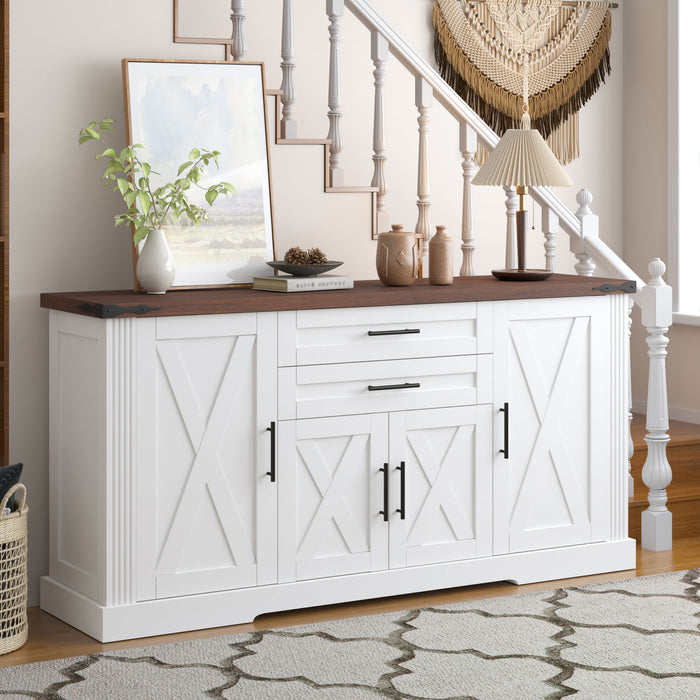 Barn Door Storage Cabinet With 2 Drawers & Door Rack, Adjustable Shelves