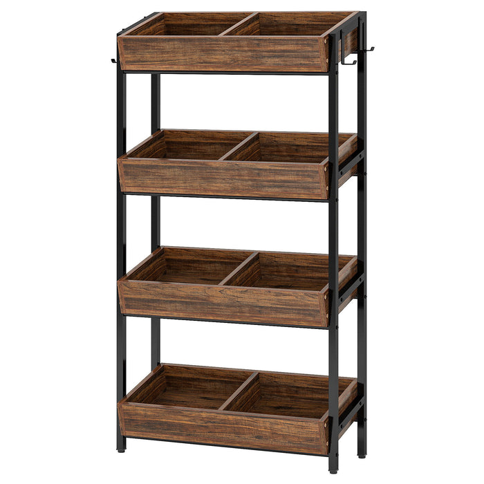 4 Tier Retail Display Rack With Hooks, Tall Metal Snack Stand With Shelves - Brown / Black