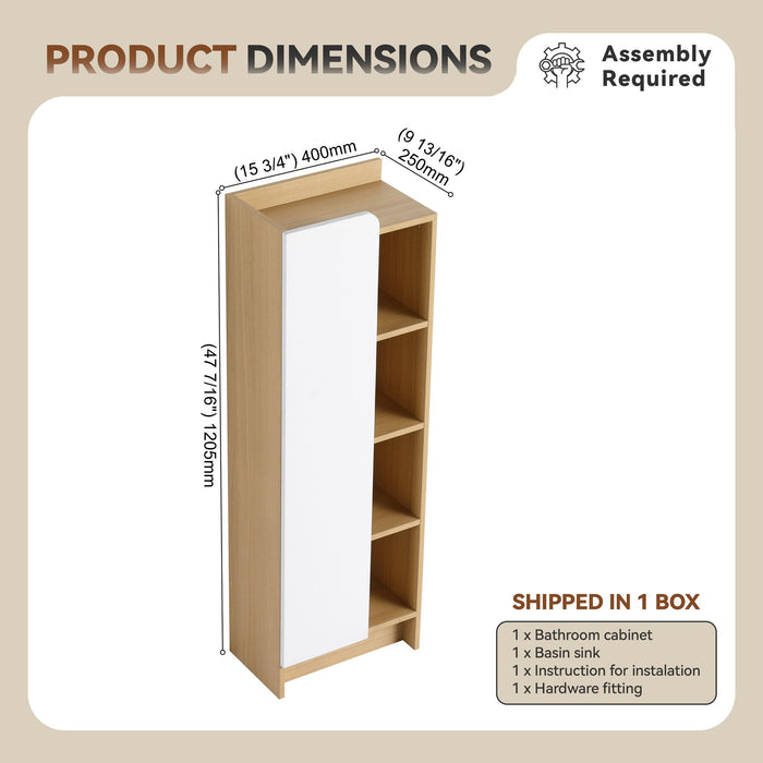 Tall Freestanding Bathroom Side Cabinet With Single Door & 4 Tier Open Shelves - Black / Light Oak / White