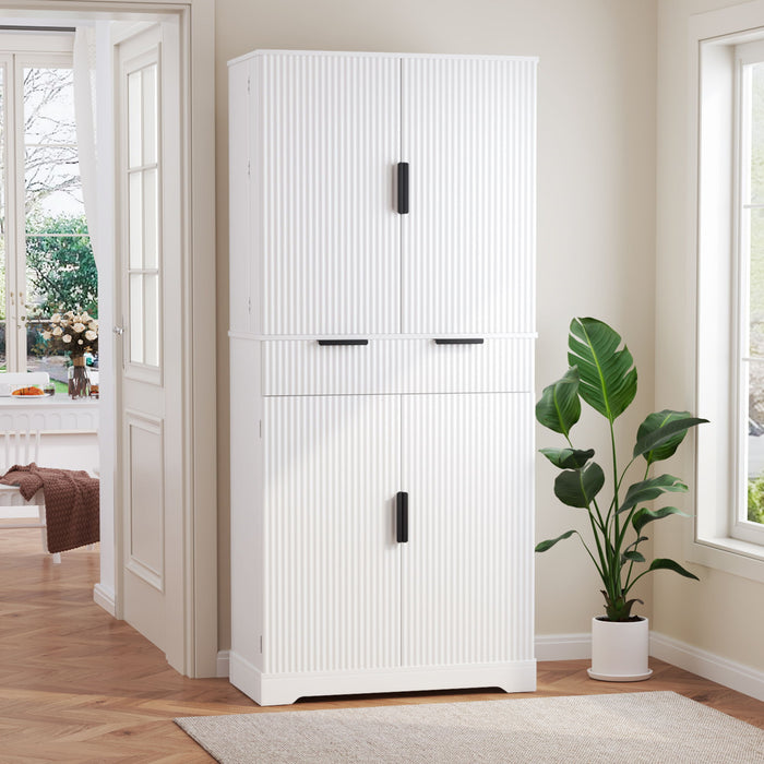 Fluted Kitchen Pantry Cabinet With 3 Keyboard Drawers & 6 Adjustable Door Shelves