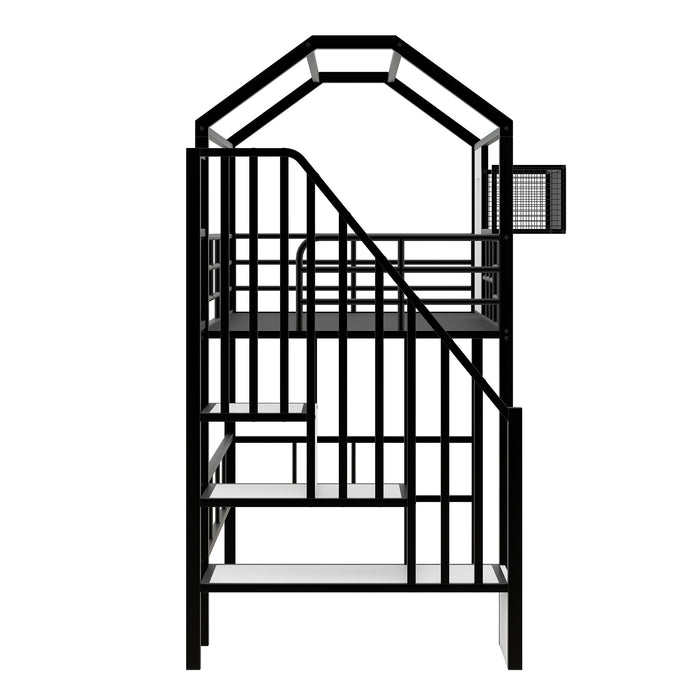 Metal Loft Bed With Roof Design And Storage Box With Guardrails And Integrated Ladder