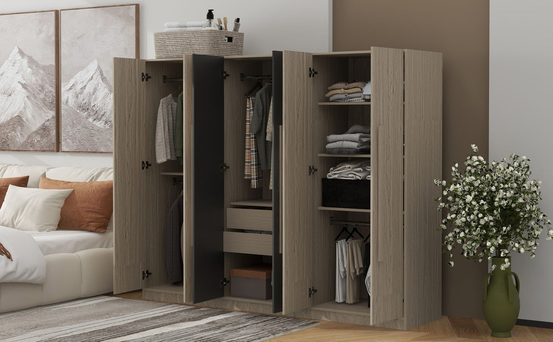 6 Doors Wardrobe Storage For Bedroom, With 2 Drawers Inside - Black / Nature
