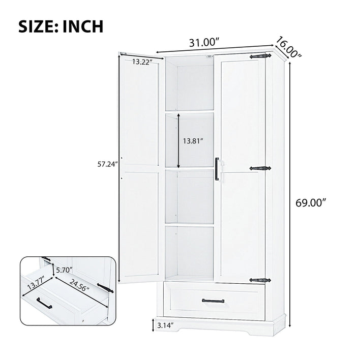 Tall Bathroom Storage Cabinet With 2 Doors And 2 Drawer, Adjustable Shelf - White