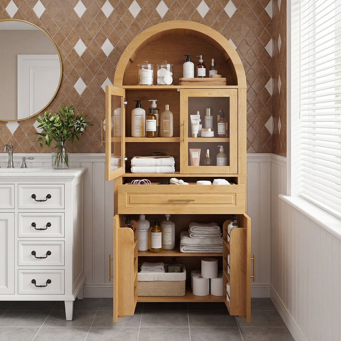 Arched Kitchen Pantry Cabinet With Adjustable Shelves And Barn Door Design