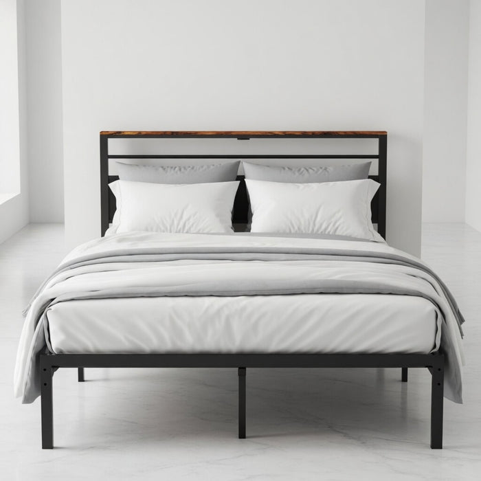 Platform Bed Frame With Charging Station & Headboard Shelves
