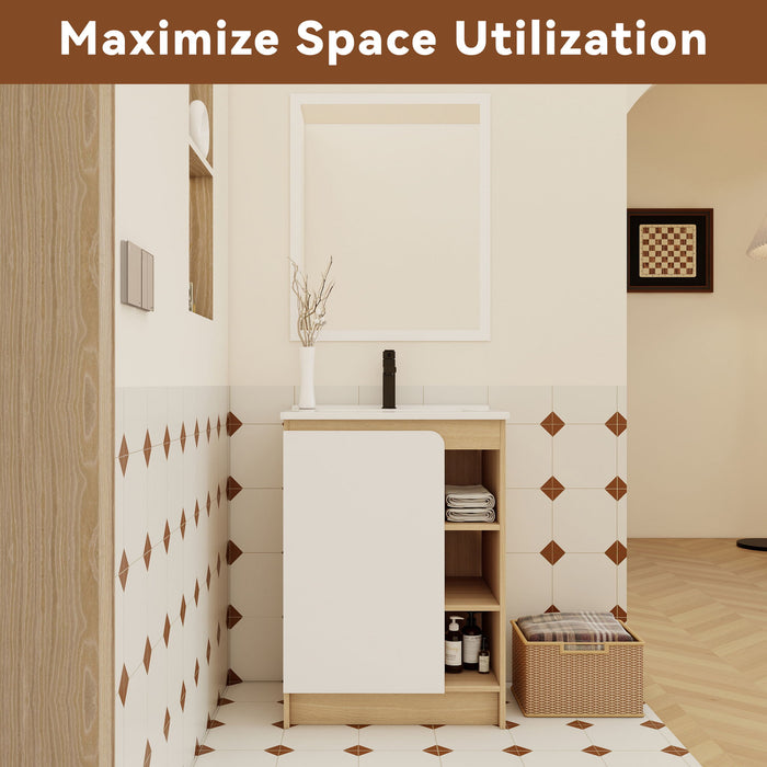 Freestanding Bathroom Vanity With Thin Rim Sink, Single Door With 4 Tier Open Shelves - Light Oak / White