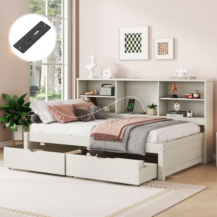 Bed Frame With Side Bookshelves, 2 Drawers, And Built In USB Port